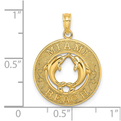 14k Yellow Gold MIAMI BEACH w/Dolphins Circle Charm