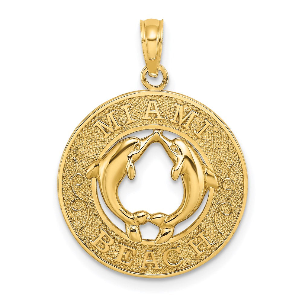 14k Yellow Gold MIAMI BEACH w/Dolphins Circle Charm