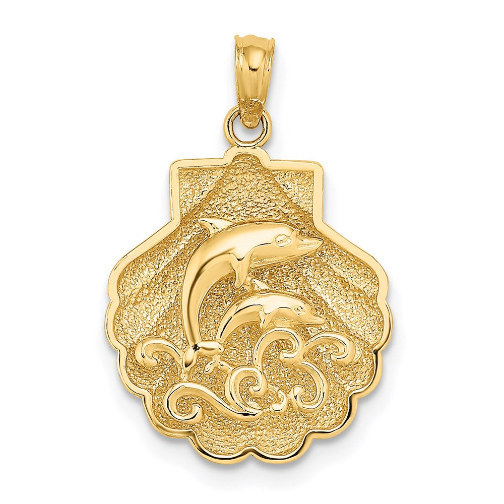14k Yellow Gold Reversible Dolphins and Waves in Shell Charm