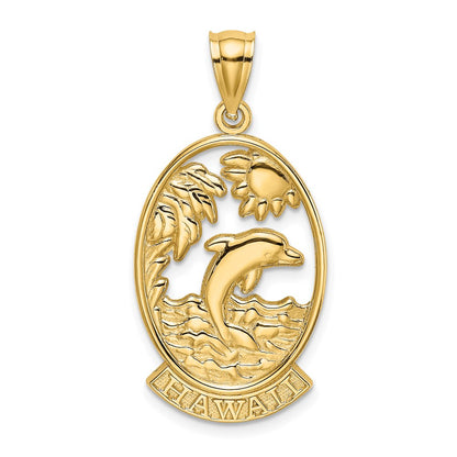 14k Yellow Gold HAWAII w/ Dolphins in Waves Charm