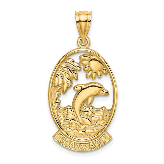 14k Yellow Gold HAWAII w/ Dolphins in Waves Charm