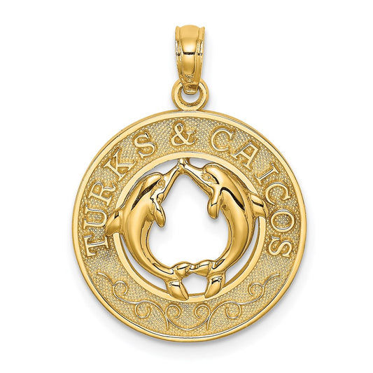 14k Yellow Gold TURKS AND CAICOS w/ Dolphins Circle Charm