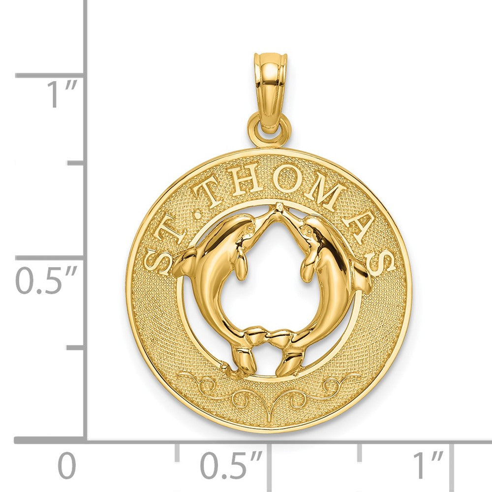 14k Yellow Gold ST. THOMAS w/ Dolphins Round Charm