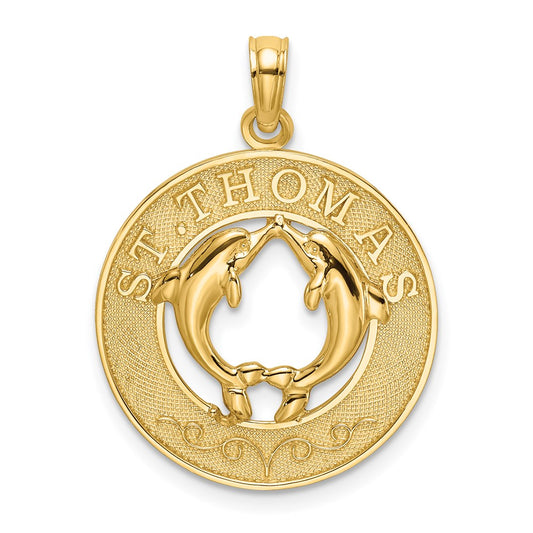 14k Yellow Gold ST. THOMAS w/ Dolphins Round Charm