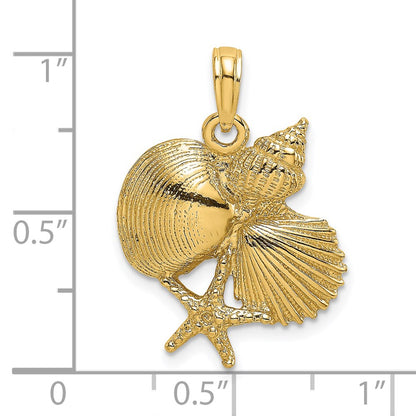 14k Yellow Gold Textured Shell Cluster and Starfish Charm