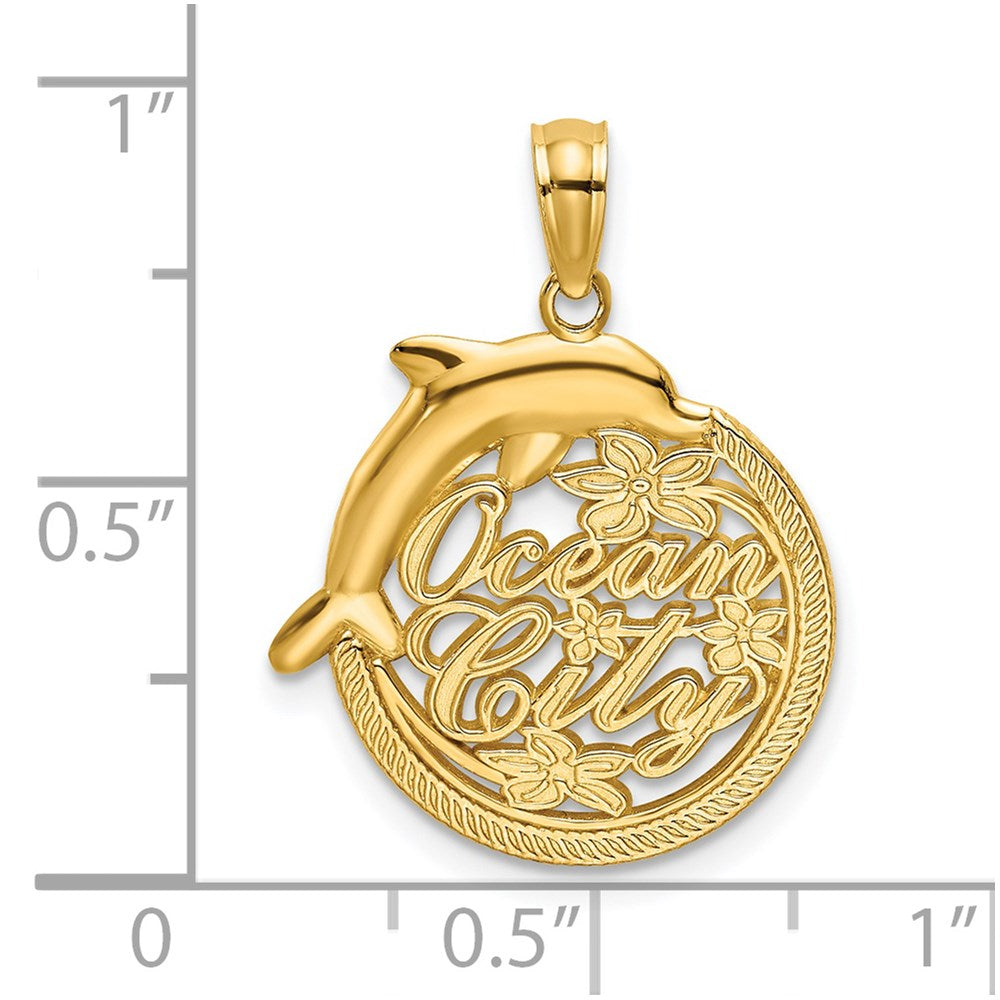 14k Yellow Gold Polished OCEAN CITY w/ Dolphin Charm