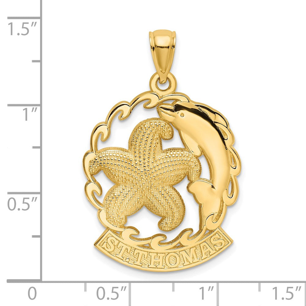 14k Yellow Gold ST. THOMAS Starfish and Dolphin In Wave Charm