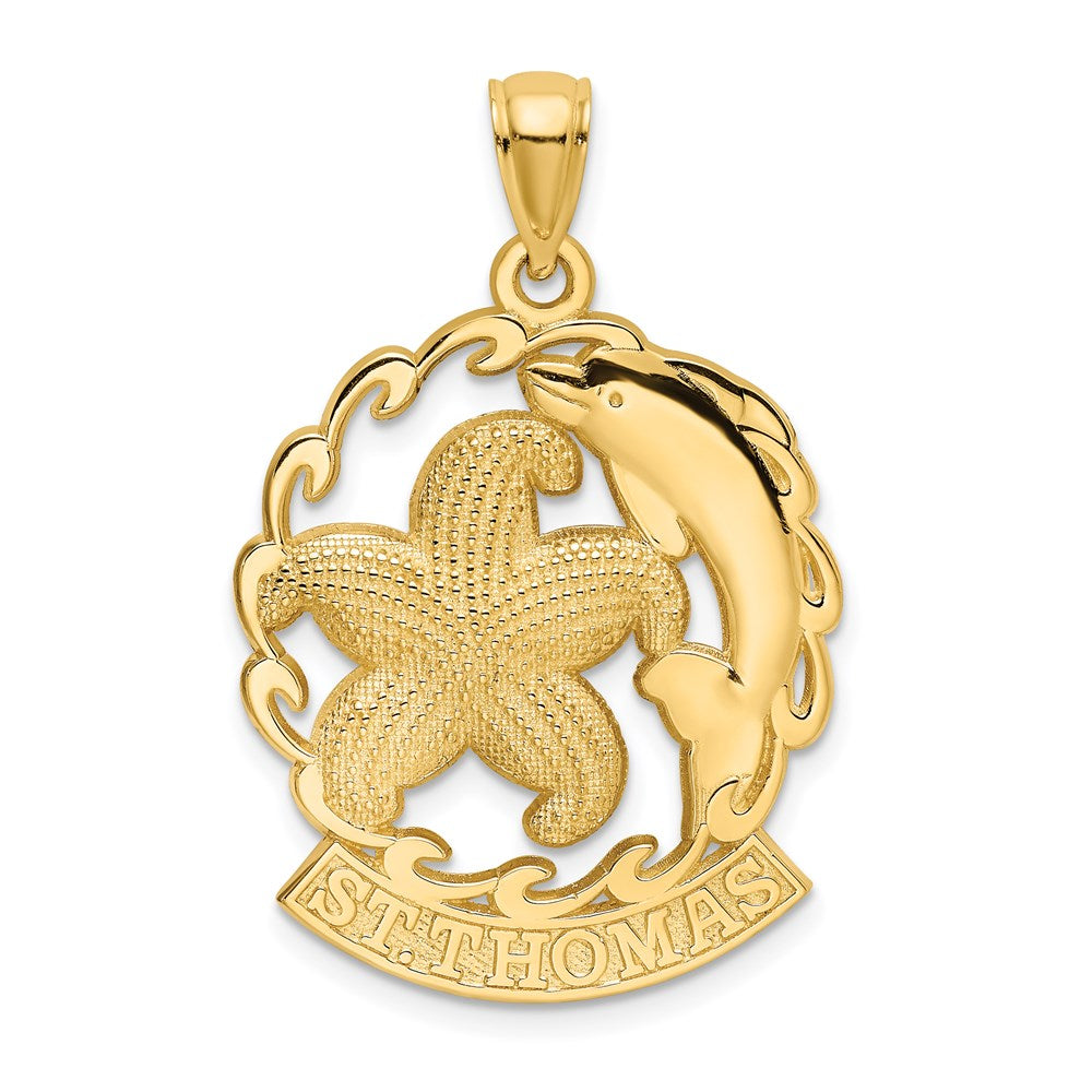 14k Yellow Gold ST. THOMAS Starfish and Dolphin In Wave Charm