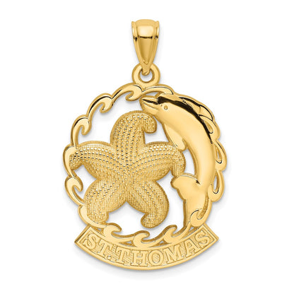 14k Yellow Gold ST. THOMAS Starfish and Dolphin In Wave Charm