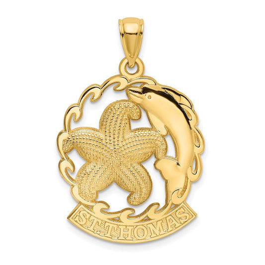 14k Yellow Gold ST. THOMAS Starfish and Dolphin In Wave Charm