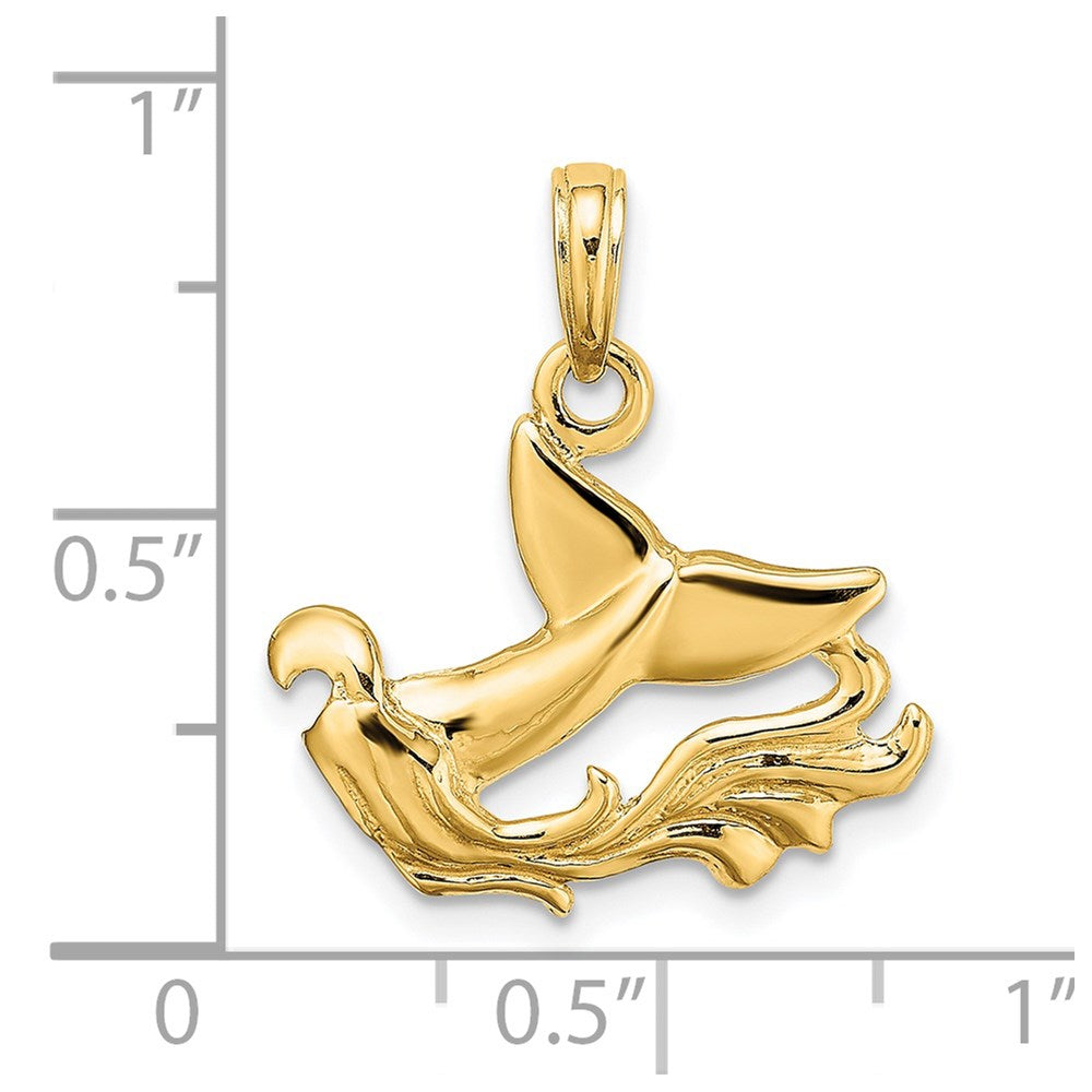 14k Yellow Gold Polished Whale Tail w/ Waves Charm