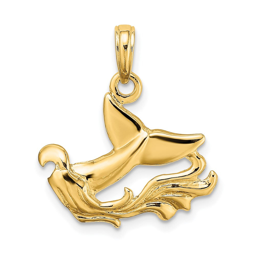 14k Yellow Gold Polished Whale Tail w/ Waves Charm