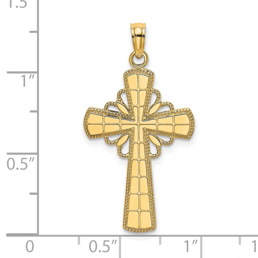 14k Yellow Gold Polished W/ Beaded Edge Grid Accent Cross Charm