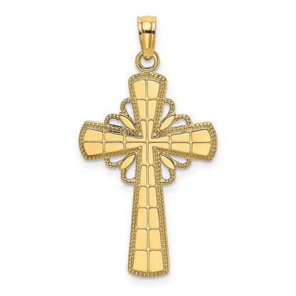 14k Yellow Gold Polished W/ Beaded Edge Grid Accent Cross Charm