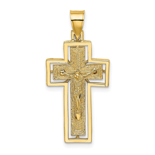 14k Yellow Gold Textured Crucifix w/ Frame Charm