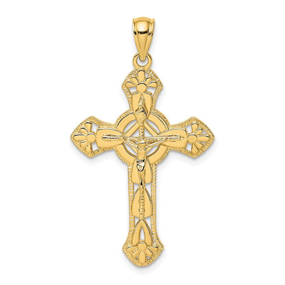 14k Yellow Gold Textured Crucifix W/ Arrow Charm