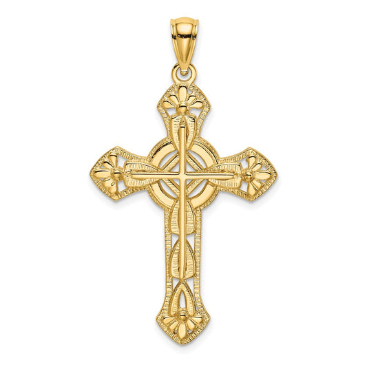 14k Yellow Gold Cut-Out Floral Cross Pendant