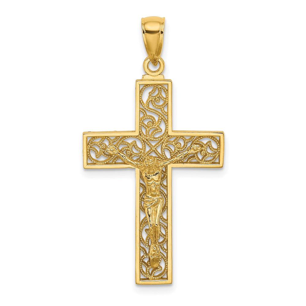 14k Yellow Gold Textured Swirl Design Crucifix Charm