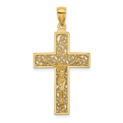 14k Yellow Gold Textured Swirl Design Crucifix Charm