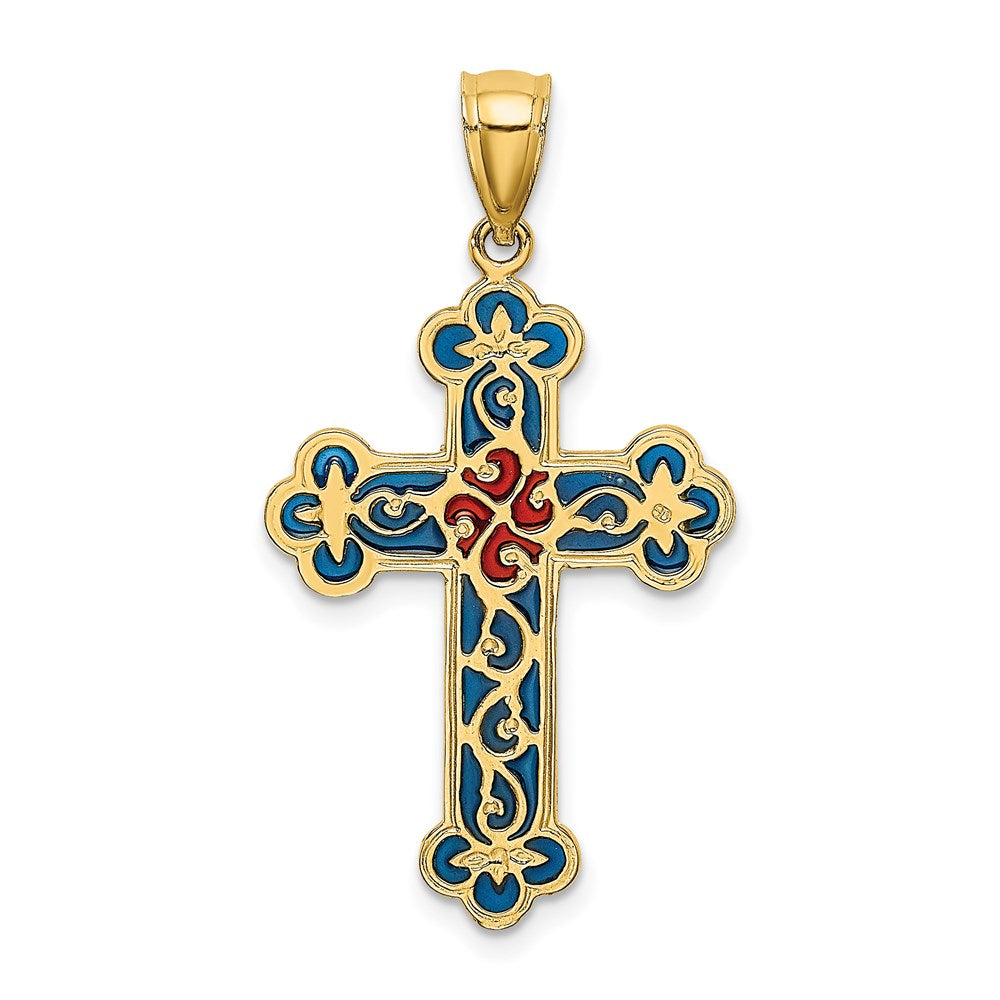 14k Yellow Gold Red and Blue Enameled W/ Scroll Pattern Cross Charm
