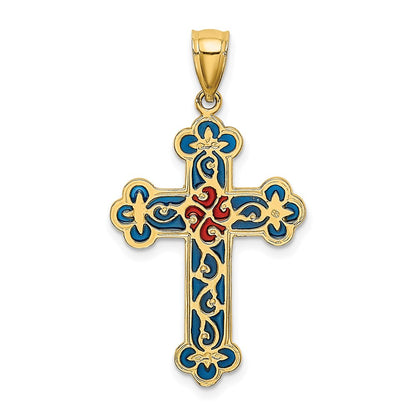 14k Yellow Gold Red and Blue Enameled W/ Scroll Pattern Cross Charm