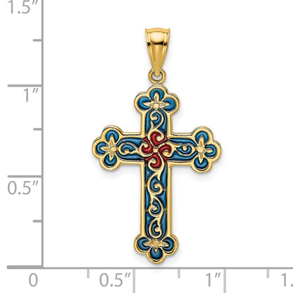 14k Yellow Gold Red and Blue Enameled W/ Scroll Pattern Cross Charm