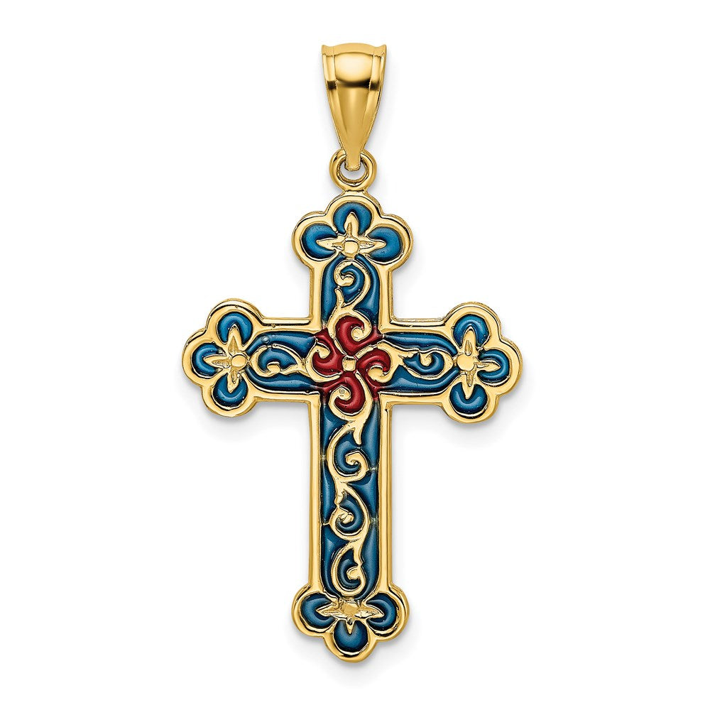 14k Yellow Gold Red and Blue Enameled W/ Scroll Pattern Cross Charm
