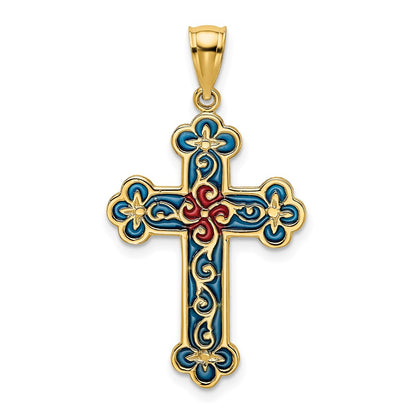 14k Yellow Gold Red and Blue Enameled W/ Scroll Pattern Cross Charm