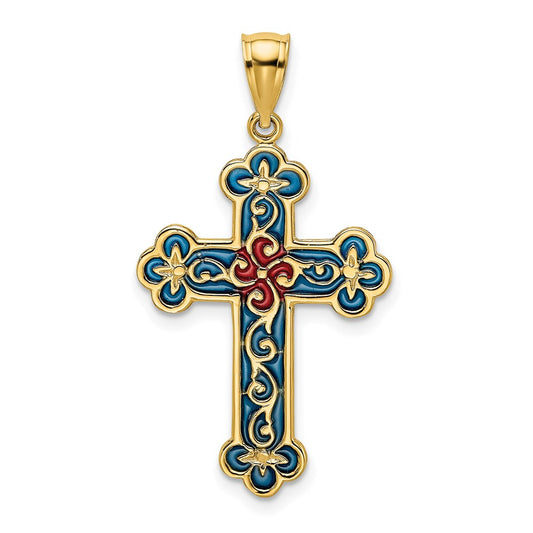 14k Yellow Gold Red and Blue Enameled W/ Scroll Pattern Cross Charm
