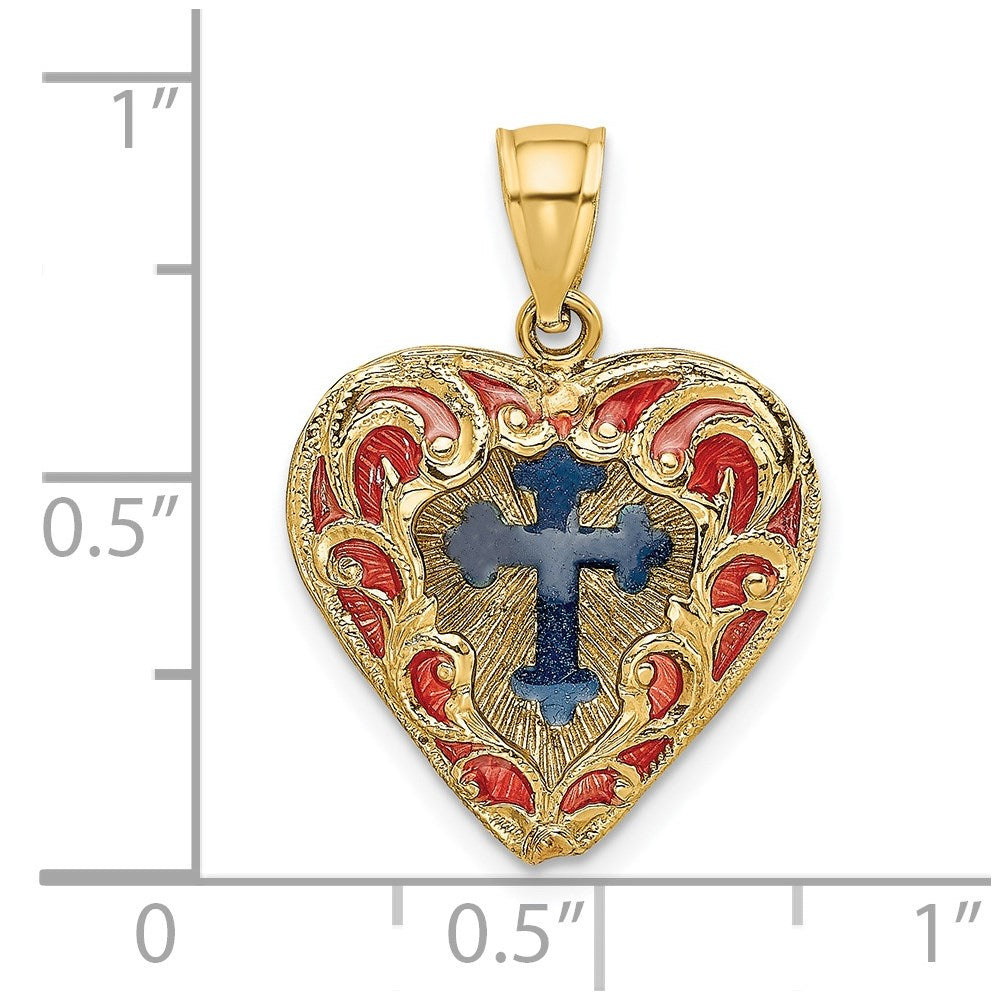 14k Yellow Gold Reversible Red and Blue Enameled Cross In Heart Charm