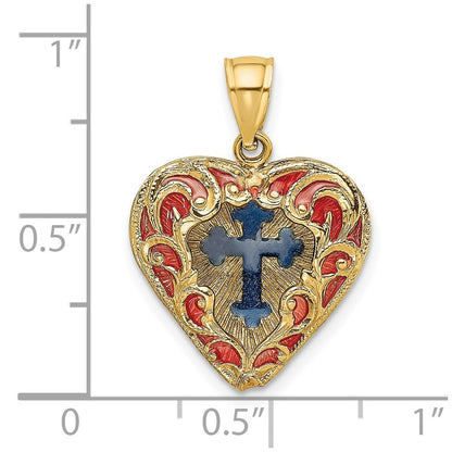 14k Yellow Gold Reversible Red and Blue Enameled Cross In Heart Charm