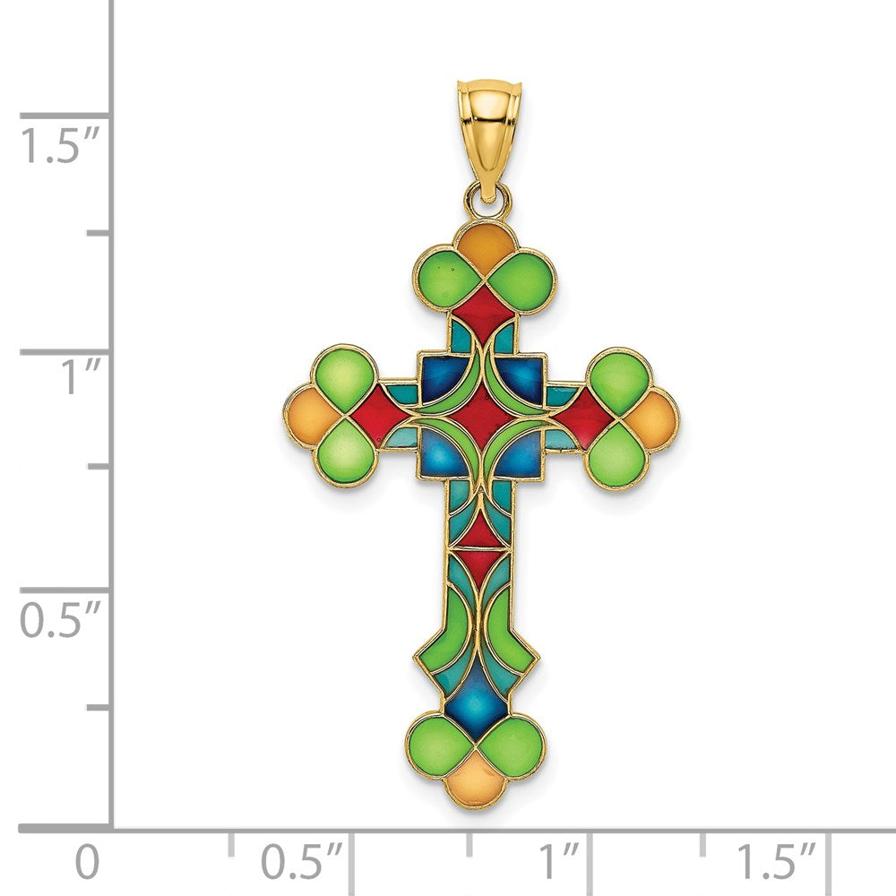 14k Yellow Gold Multi Color Enameled Cross Charm