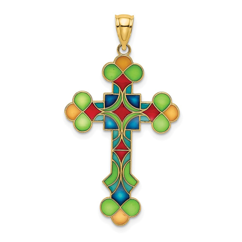 14k Yellow Gold Multi Color Enameled Cross Charm