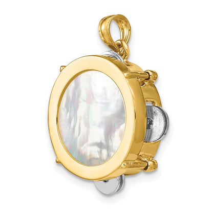 14k Two-tone Gold 3-D Moveable Tambourine w/Mother of Pearl Charm