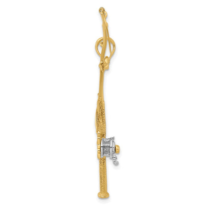14k Yellow u0026 Rhodium Gold w/Rhodium 3-D Moveable Fishing Pole W/ Reel Charm