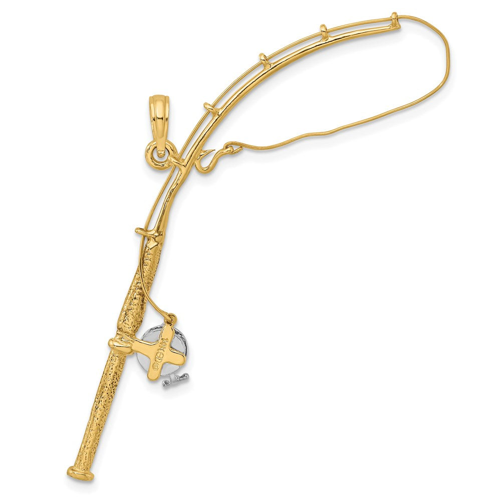 14k Yellow u0026 Rhodium Gold w/Rhodium 3-D Moveable Fishing Pole W/ Reel Charm