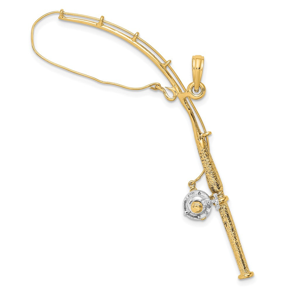 14k Yellow u0026 Rhodium Gold w/Rhodium 3-D Moveable Fishing Pole W/ Reel Charm