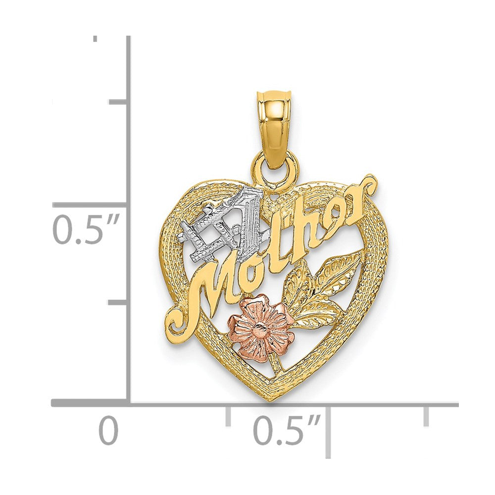 14k Two-tone Gold w/White Rhodium #1 MOTHER Heart w/Flower Charm