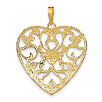 14k Yellow u0026 Rhodium Gold w/Rhodium Filigree Leaf Accent Heart Charm