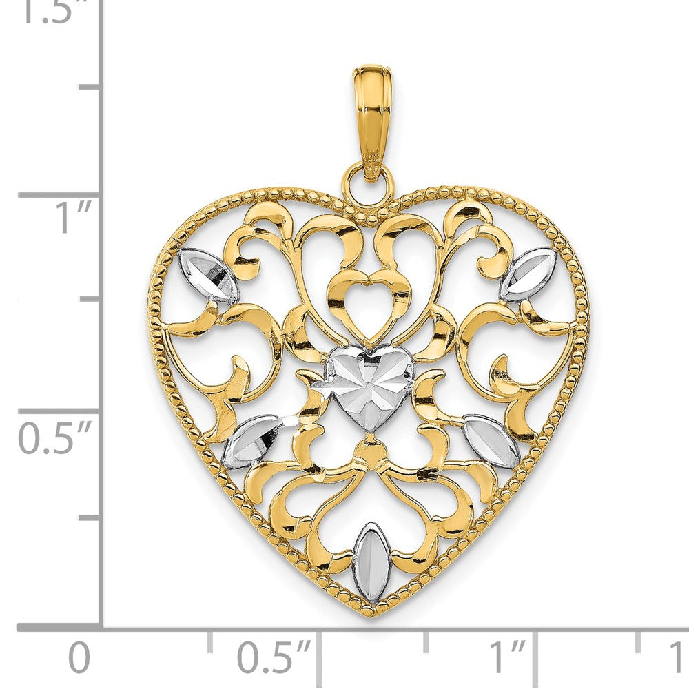 14k Yellow u0026 Rhodium Gold w/Rhodium Filigree Leaf Accent Heart Charm