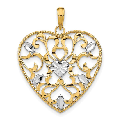 14k Yellow u0026 Rhodium Gold w/Rhodium Filigree Leaf Accent Heart Charm