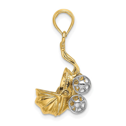 14k Yellow u0026 Rhodium Gold w/ Rhodium 3-D Baby Stroller w/ Moveable Wheels Charm