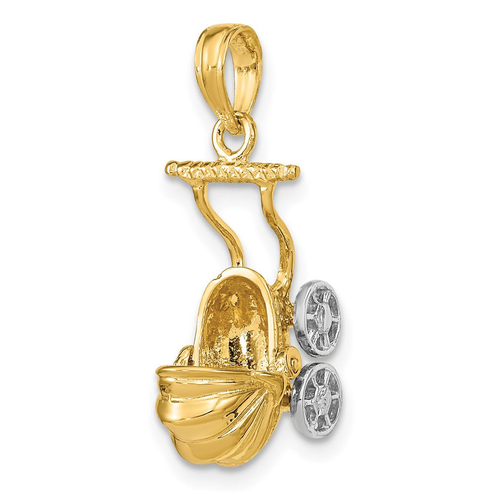 14k Yellow u0026 Rhodium Gold w/ Rhodium 3-D Baby Stroller w/ Moveable Wheels Charm