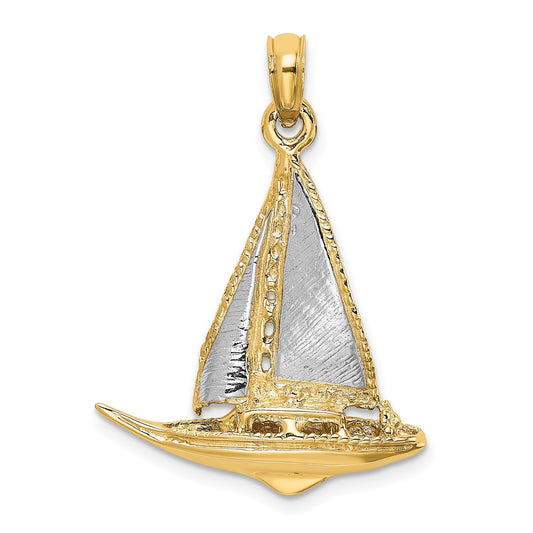 14k Yellow u0026 Rhodium Gold W/ Rhodium 3-D Polished Sailboat Charm