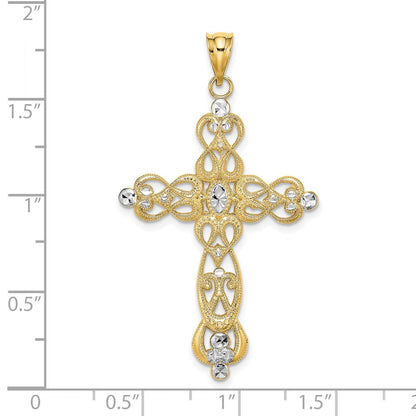 14k Yellow u0026 Rhodium Gold W/ Rhodium Scroll Design and D/C Cross Charm