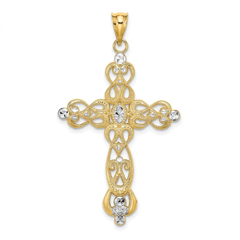 14k Yellow u0026 Rhodium Gold W/ Rhodium Scroll Design and D/C Cross Charm