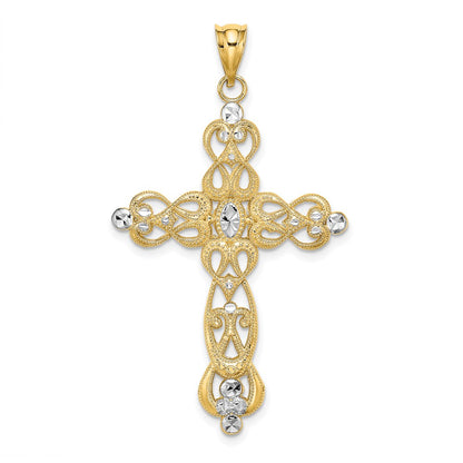 14k Yellow u0026 Rhodium Gold W/ Rhodium Scroll Design and D/C Cross Charm