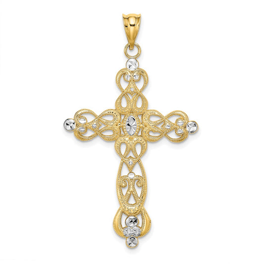 14k Yellow u0026 Rhodium Gold W/ Rhodium Scroll Design and D/C Cross Charm