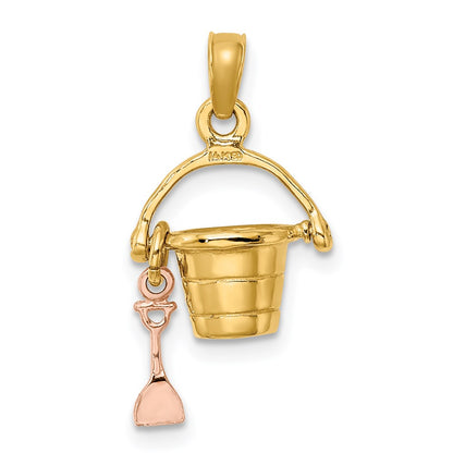 14k Two-tone Gold Rose and Yellow Gold 3-D Beach Bucket and Shovel Charm