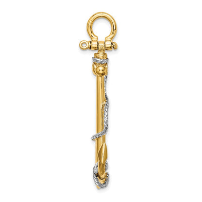 14k Yellow u0026 Rhodium Gold w/Rhodium 3-D Large Anchor w/Rope and Shackle Bail Charm